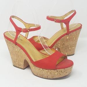 Kate Spade women 7 red open toe cork platform heel